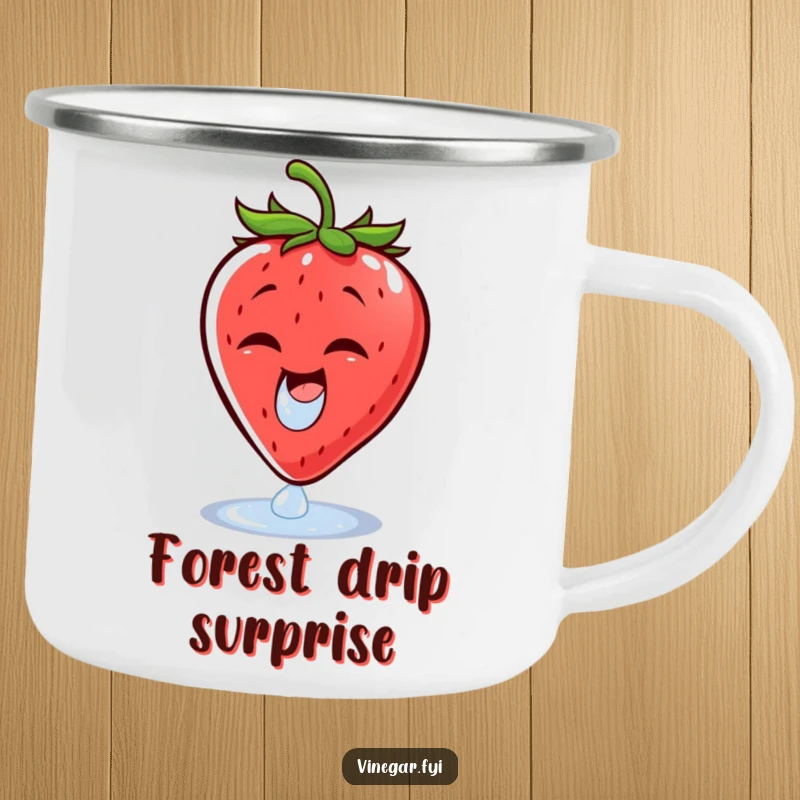 Funny camping mug showcasing a cheerful strawberry wincing at vinegar droplets, great for outdoor enthusiasts who love fruit and humor.