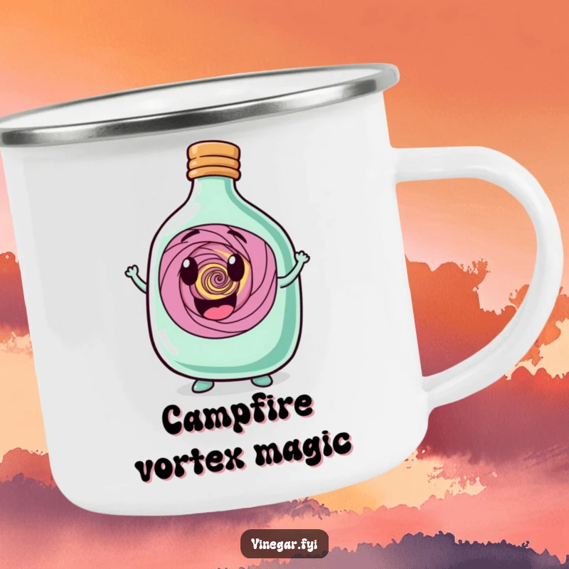 Funny, happy, squat bottle character proudly displaying a swirling vortex inside, featured on a rugged and whimsical camping mug.