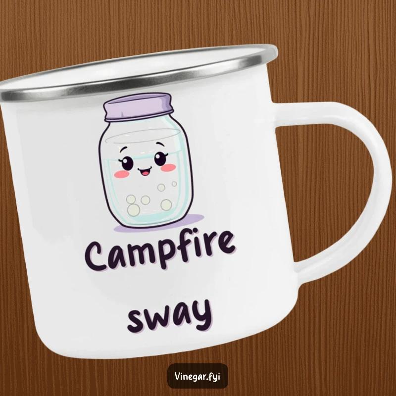 Funny wobbly jar of clear liquid camping mug swaying contentedly, ready for peaceful outdoor moments, a funny gift.