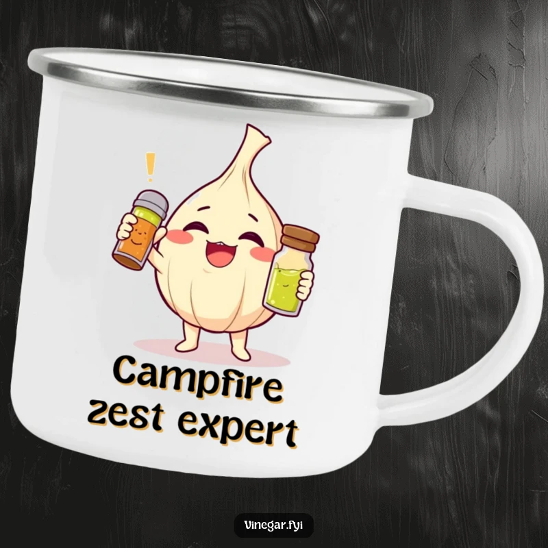 Funny giggling garlic clove character triumphantly holding a tiny vinaigrette shaker on a rugged camping mug, ideal funny gift.