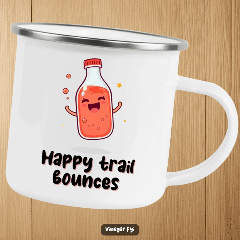 Funny giggling bottle of reddish liquid camping mug bouncing with infectious joy, ready for fun adventures, a funny gift.