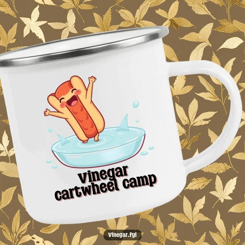 Funny camping mug: A delighted hot dog performs a cartwheel in a pool of vinegar, ready for campsite meals and humorous sips.
