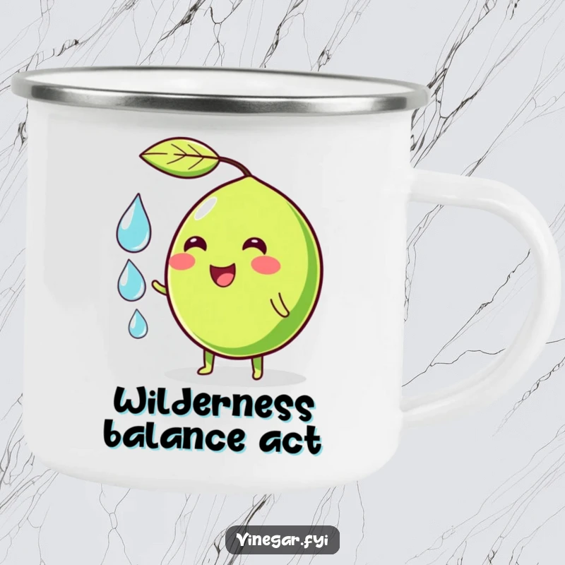 Funny camping mug with a wobbly green lime character smiling, juggling droplets, ideal for outdoor lovers who appreciate humor.
