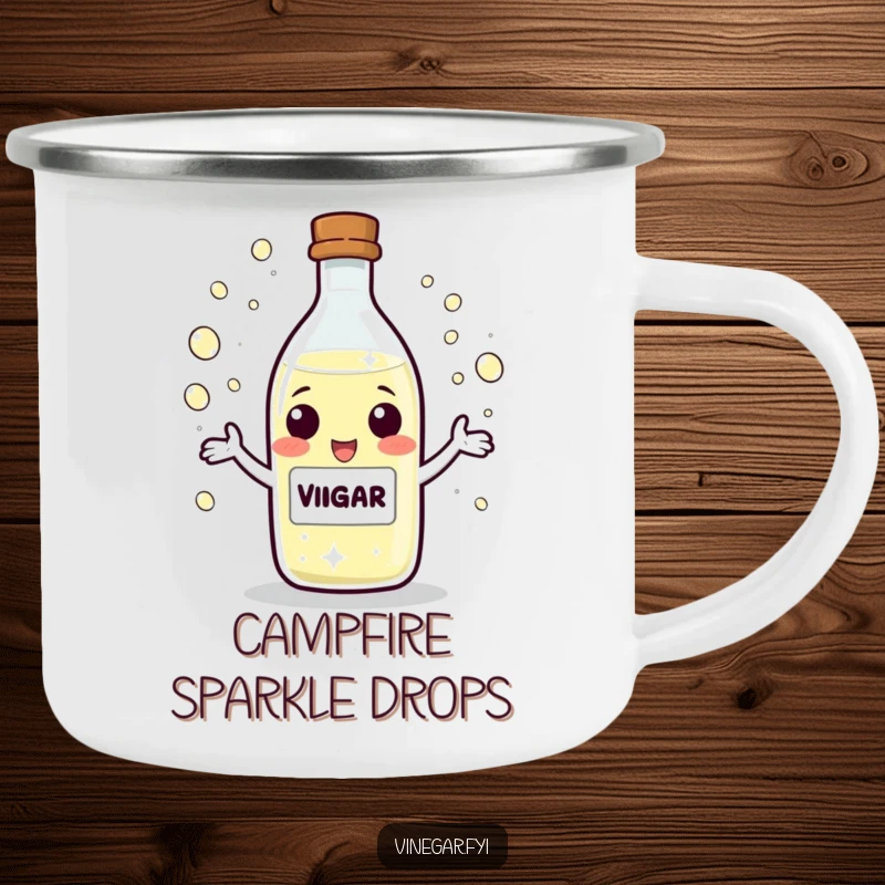 Funny Camping Mug with a playful vinegar bottle character juggling sparkling droplets, perfect for outdoor enthusiasts and fun-loving campers.