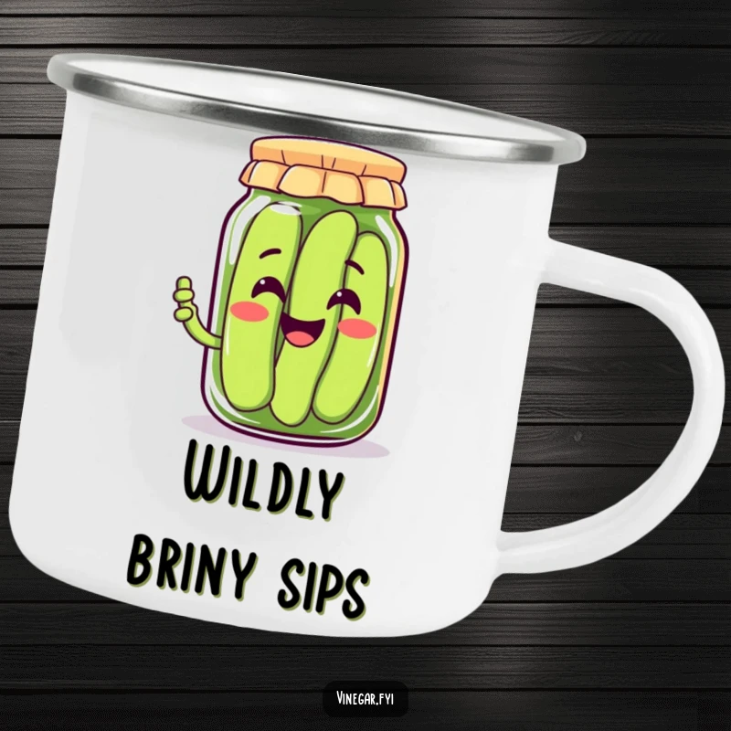 Funny camping mug with a happy Kawaii pickle jar character offering a pickle, bringing cheer to outdoor adventures, durable and humorous.