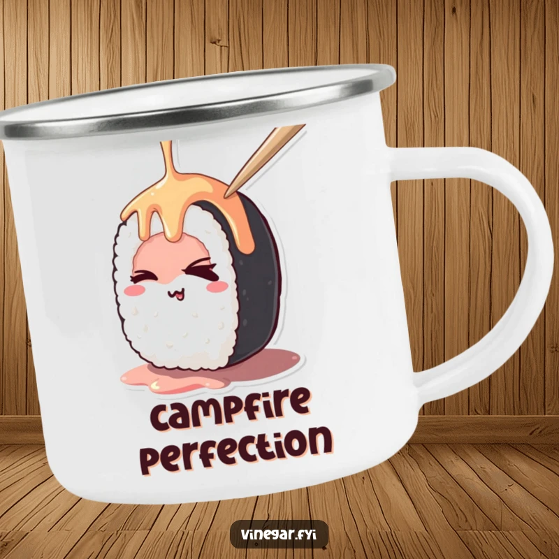 Funny kawaii sushi roll mischievously winking while being drizzled, on a sturdy camping mug, perfect for outdoor use.