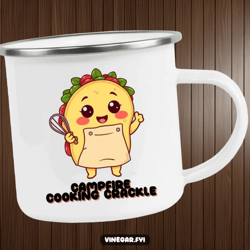 Funny Kawaii taco, wearing an apron and smiling, energetically whisking batter on this rugged and funny camping mug. Outdoor kitchen humor.