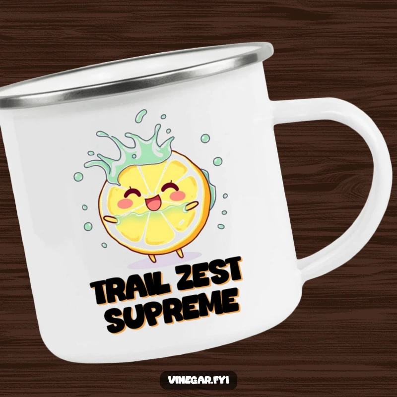 Funny happy lemon slice character playfully splashing vinegar on a rugged camping mug, ideal funny gift.