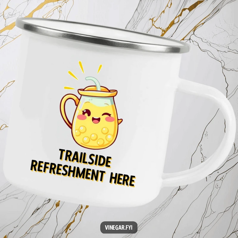 Funny camping mug with a radiant yellow lemonade pitcher character winking, pouring a stream, perfect for outdoor enthusiasts who appreciate humor.