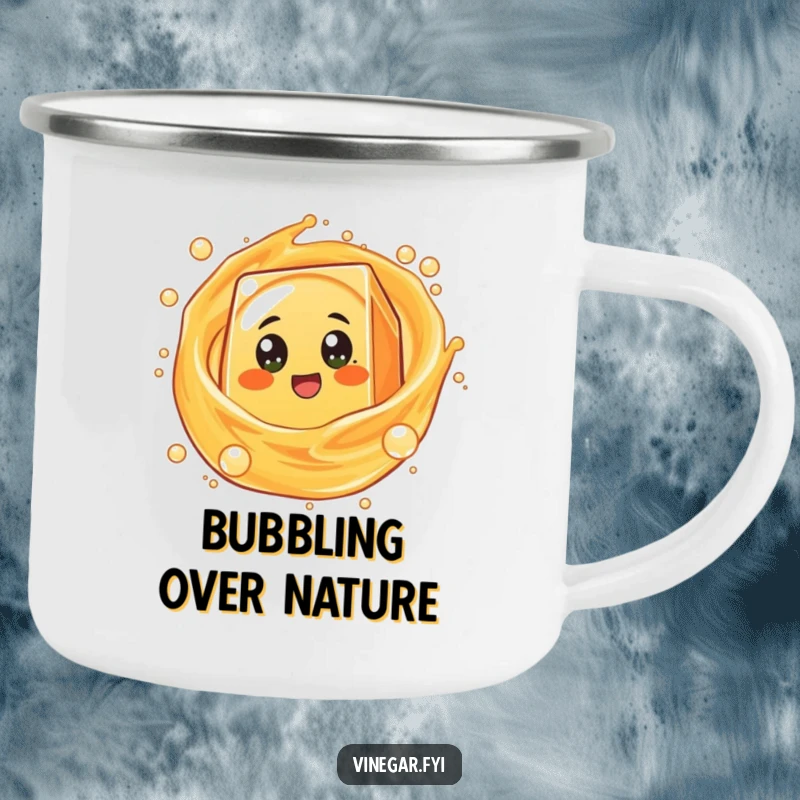 Funny round orange juice box character with excited eyes spinning in bubbly liquid, ideal for hot beverages during camping trips.