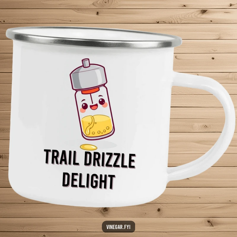 Funny camping mug: A cheerful pepper shaker tips over, pouring a tiny stream of vinegar, ready for campfire stories and humorous sips.