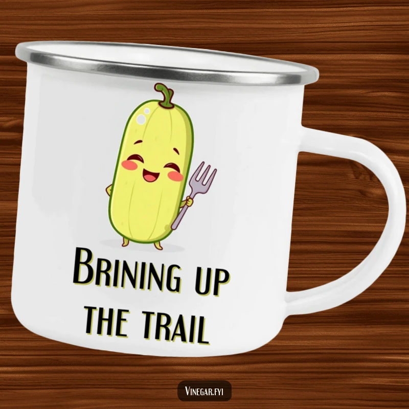 Funny camping mug with a giggling pickle in a confident pose with a tiny fork, ideal for sassy outdoor enjoyment.