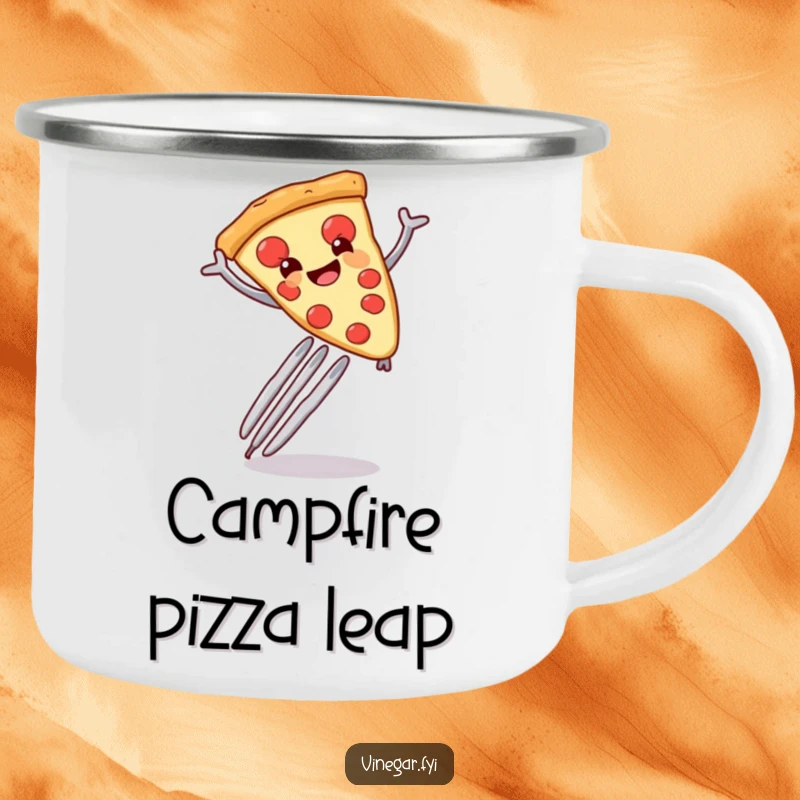 Funny pizza slice leaping over a giant fork on a rugged camping mug, ideal for outdoor drinks and snacks.