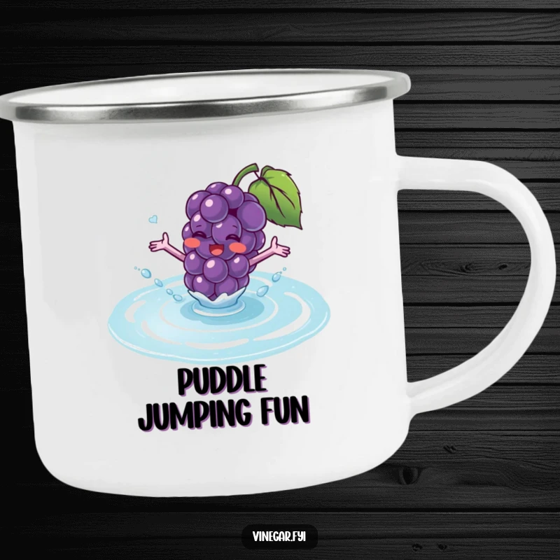 Funny camping mug showing a blushing purple grape with tiny arms excitedly splashing into a puddle of translucent fluid.