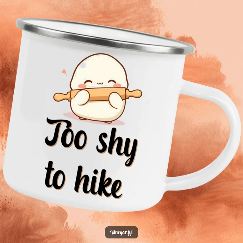 Funny camping mug with a shy dumpling blushing and hiding behind a tiny rolling pin, perfect for outdoor drinks and cute camp vibes.