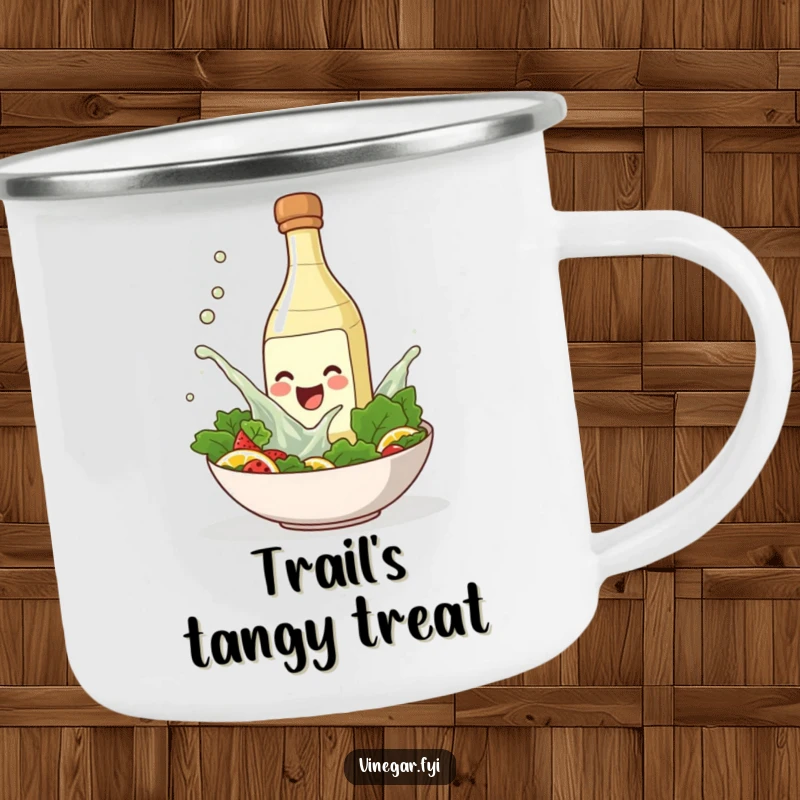 Funny camping mug showing a smiling vinegar bottle splashing into a salad bowl, perfect for outdoor fun.