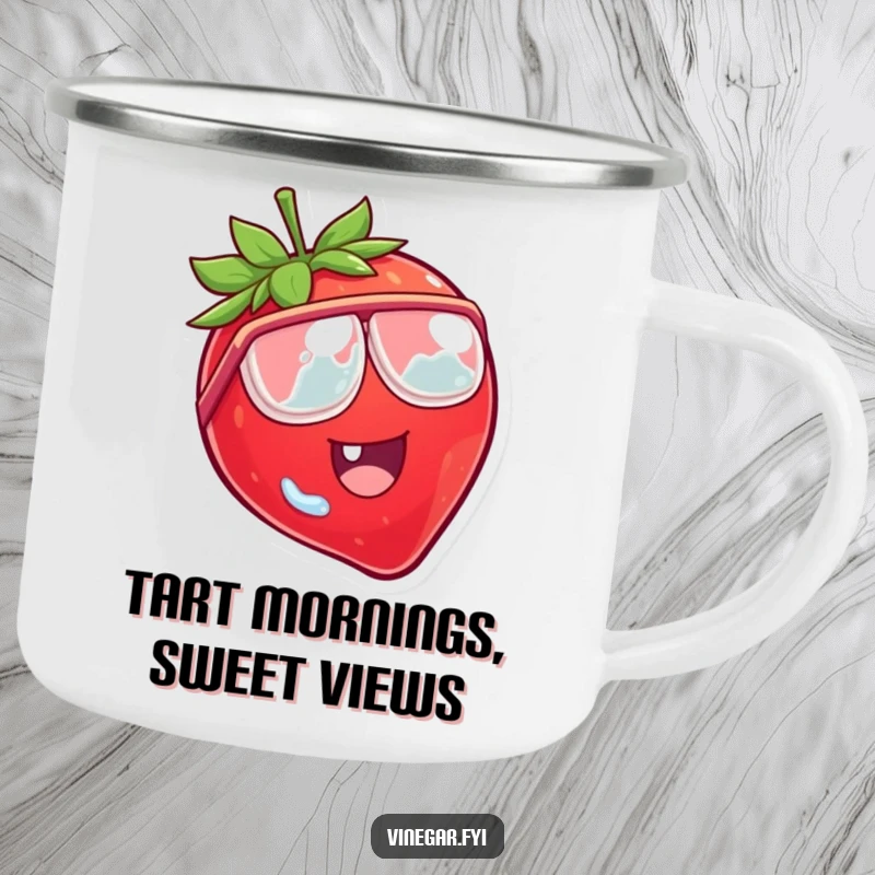 Funny camping mug with a laughing strawberry character wearing tiny vinegar goggles, looking comically surprised.