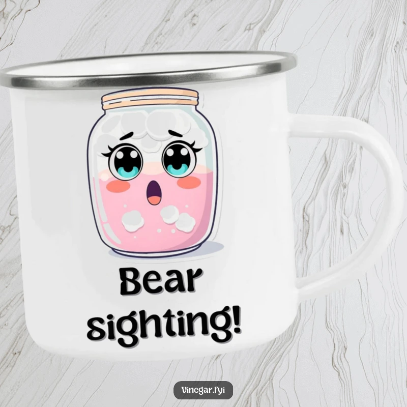 Funny surprised jar of cloudy liquid camping mug, recoiling with wide eyes, ready for outdoor surprises, a funny gift.
