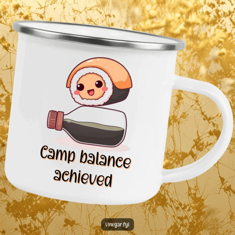 Funny camping mug: A happy, round sushi roll balances precariously on a vinegar bottle, ready for campsite meals and humorous sips.