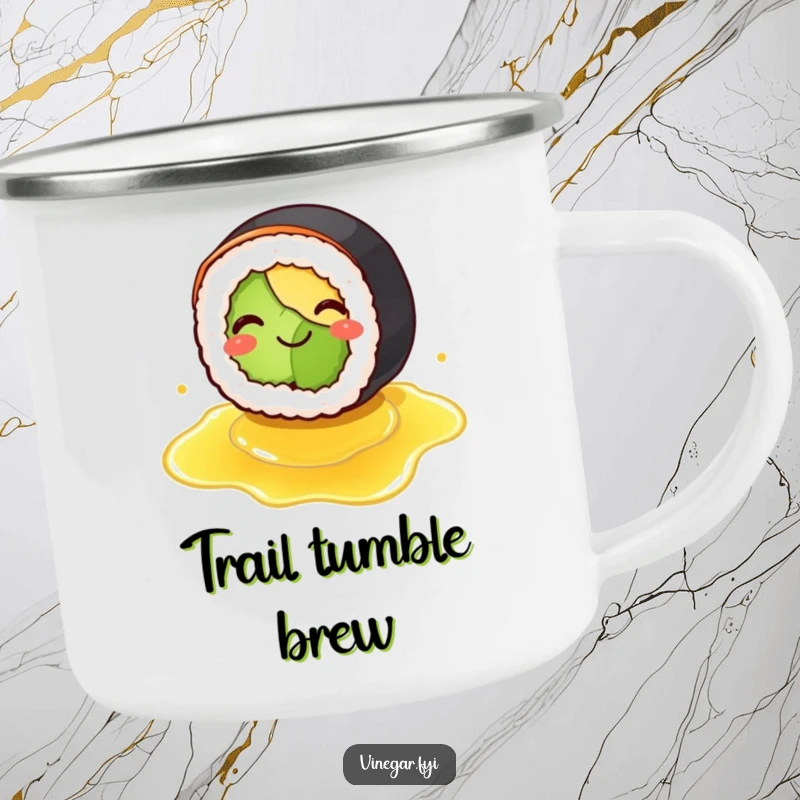 Funny camping mug showcasing a smiling sushi roll comically slipping on spilled vinegar, great for outdoor enthusiasts who love food and humor.
