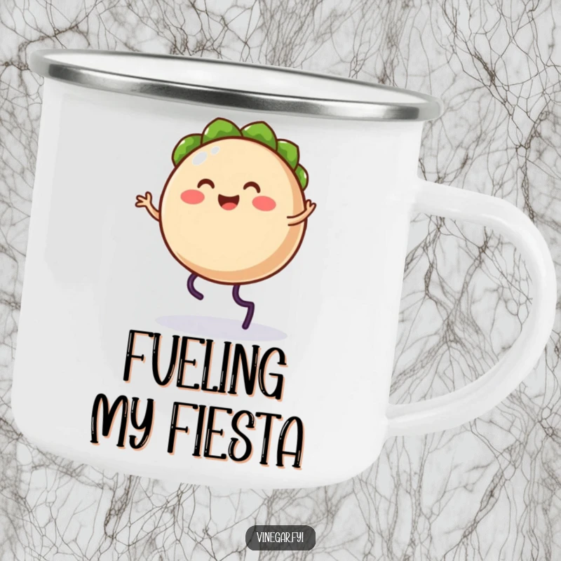 Funny camping mug with a happy taco character doing a silly jig, perfect for campfire treats.