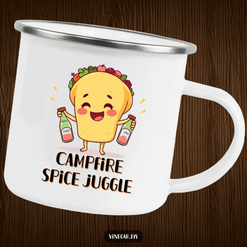 Funny camping mug showcasing a happy taco juggling three small bottles of vinegar, great for outdoor enthusiasts who love tacos and humor.
