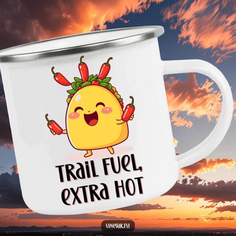 Funny camping mug featuring a grinning taco juggling three tiny red chili peppers, ideal for outdoor enjoyment and humor.