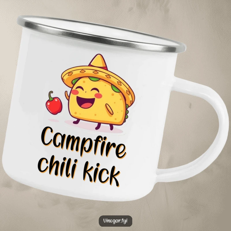 Funny taco character in a sombrero balancing a chili pepper on its head, on a rugged camping mug for outdoor fun.