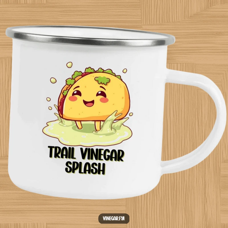 Funny camping mug: A happy taco with legs splashes in a vinegar puddle, ready for campfire stories and humorous sips.