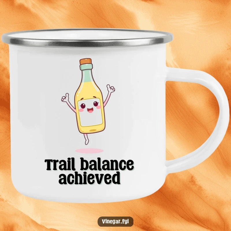 Funny Camping Mug with a cheerful vinegar bottle character balancing on its tip, exuding triumph and ready for outdoor adventures.