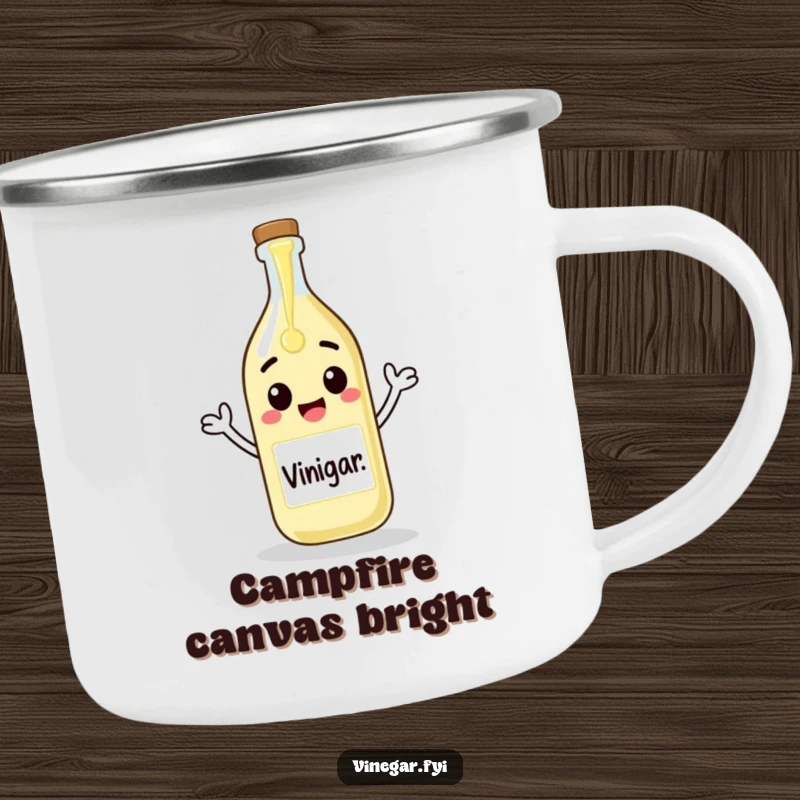 Funny camping mug featuring a cheerful vinegar bottle pouring itself onto a blank canvas, perfect for outdoor creativity and humor.