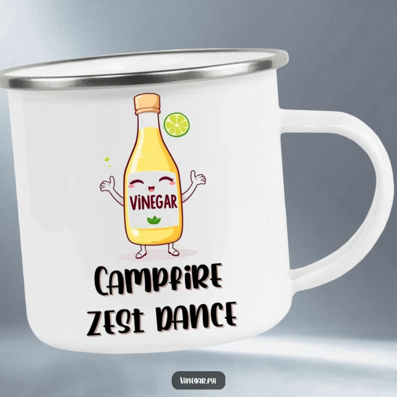 Funny camping mug: A winking bottle of vinegar dances with a lime wedge, ready for outdoor fun and humorous toasts.