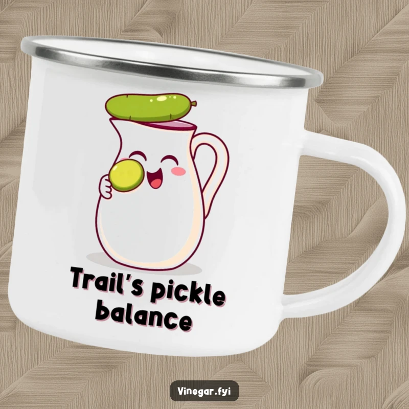 Funny camping mug featuring a thrilled vinegar jug balancing a pickle slice on its nose, perfect for outdoor drinks and humor.