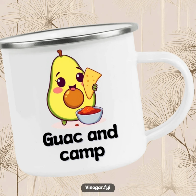 Funny camping mug showing an amused avocado enthusiastically dipping a tortilla chip into salsa, perfect for camp snacks and drinks.