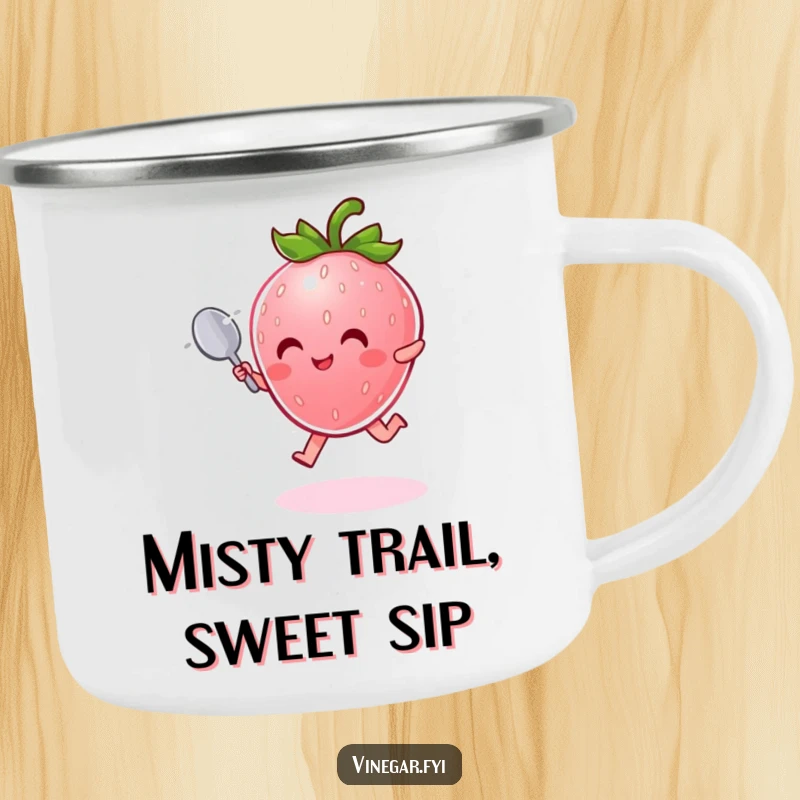 Funny Camping Mug: Radiant pink strawberry character with a tiny spoon joyfully leaps through shimmering mist, for outdoor fun.