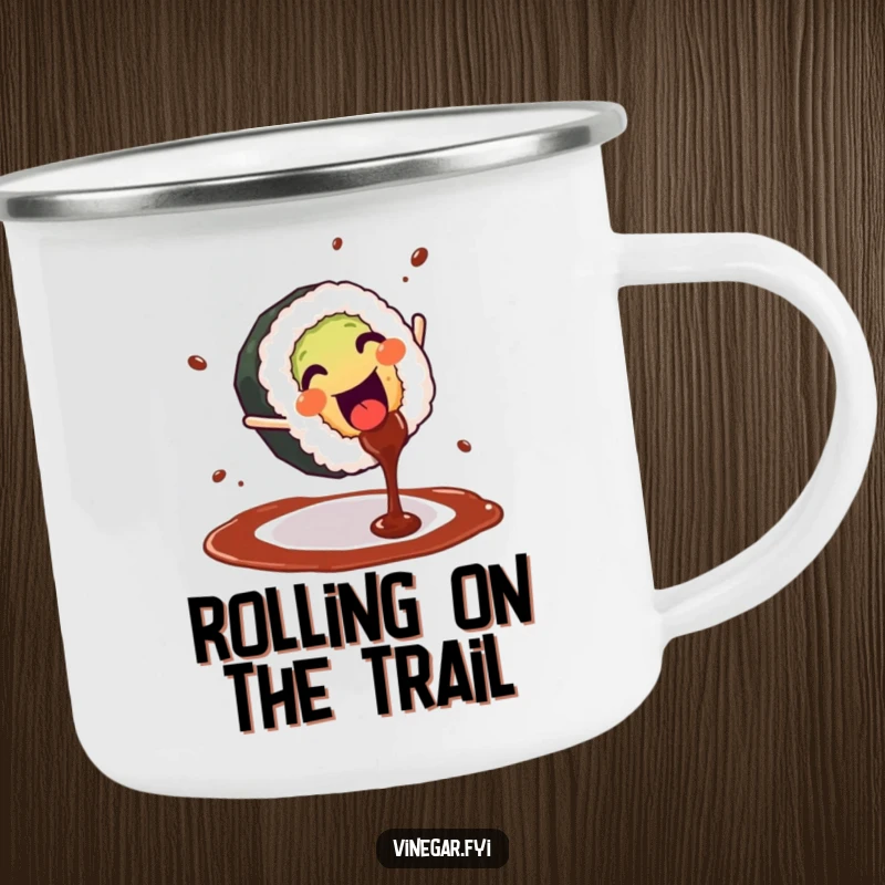 Funny camping mug with a cheerful sushi roll doing a cartwheel and soy sauce splashing, ideal for outdoor fun.