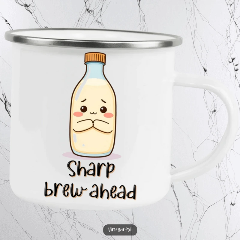 Funny camping mug showing a vinegar bottle with arms crossed, unimpressed by milk, ideal for rugged humor.