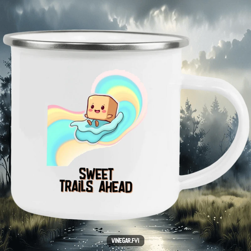 Funny smiling brown sugar cube character with tiny legs sliding down a liquid wave, ideal for hot beverages during camping trips.