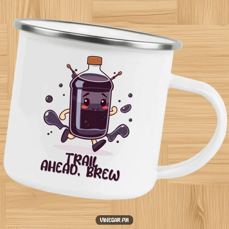 Funny determined dark liquid bottle camping mug marching forward, embodying resilience for outdoor pursuits, a funny gift.