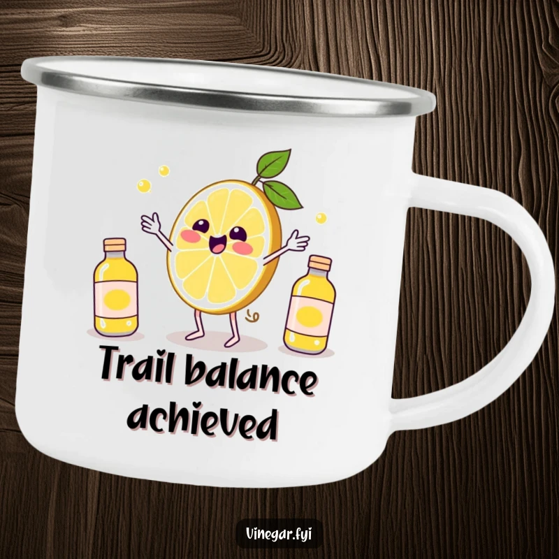 Funny Kawaii lemon slice, juggling vinegar bottles with delight, featured on this rugged and funny camping mug. Outdoor citrus humor.