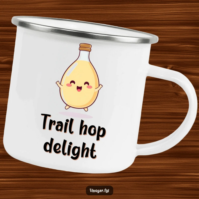 Funny vinegar bottle camping mug of a happy, round bottle doing a little hop, ready for adventure.