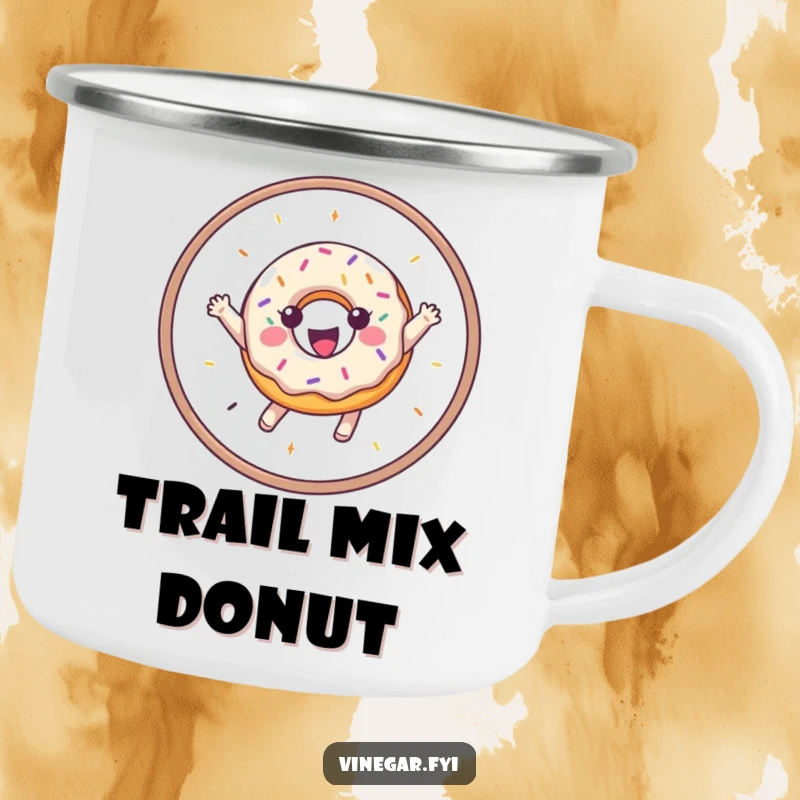 Funny camping mug showing a joyful donut with sprinkles leaping through a hoop, ready for campfire coffee.