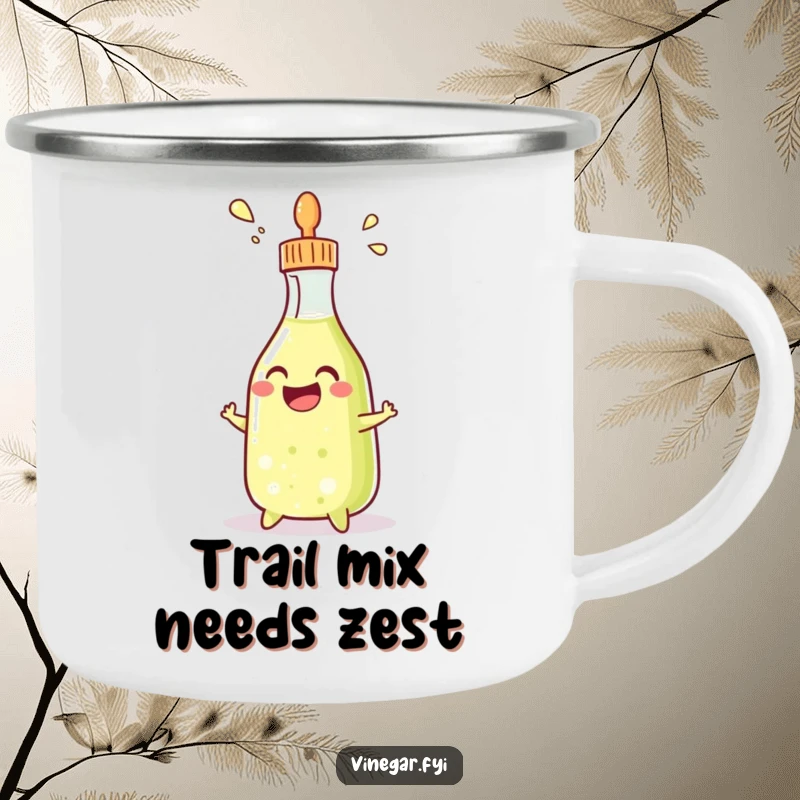 Funny camping mug with a grinning condiment bottle squirting vinegar, designed for outdoor enthusiasts who love humor.