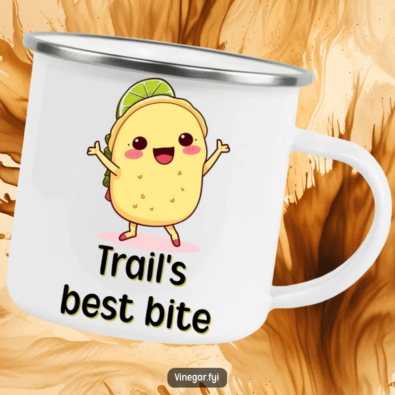 Funny kawaii taco doing a joyful jig with a lime slice hat, on a sturdy camping mug, perfect for outdoor use.