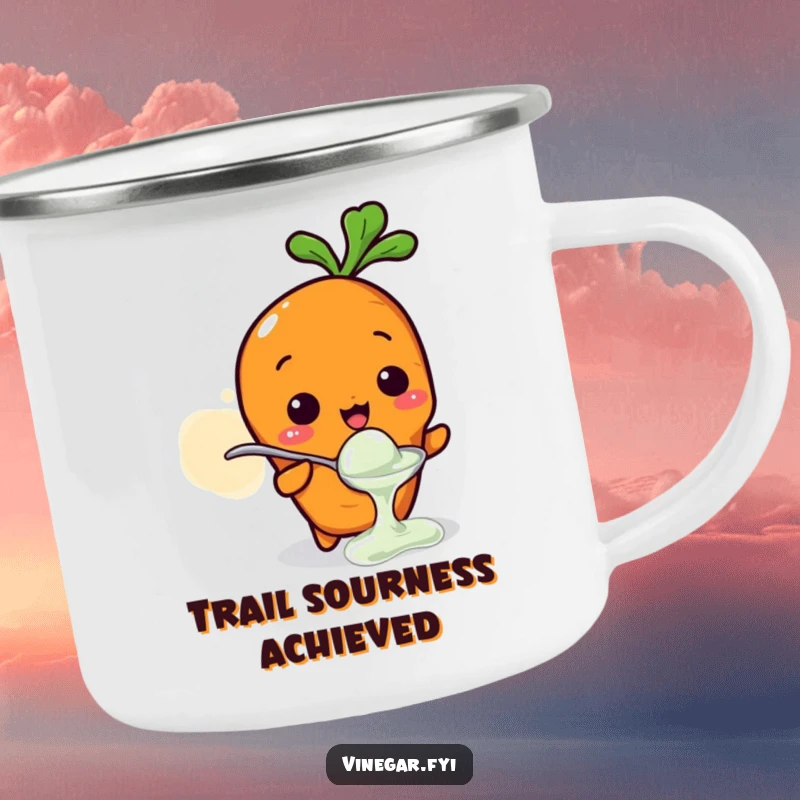 Funny camping mug with a Kawaii carrot character tasting vinegar from a tiny spoon, its face showing a sour reaction, durable and humorous.