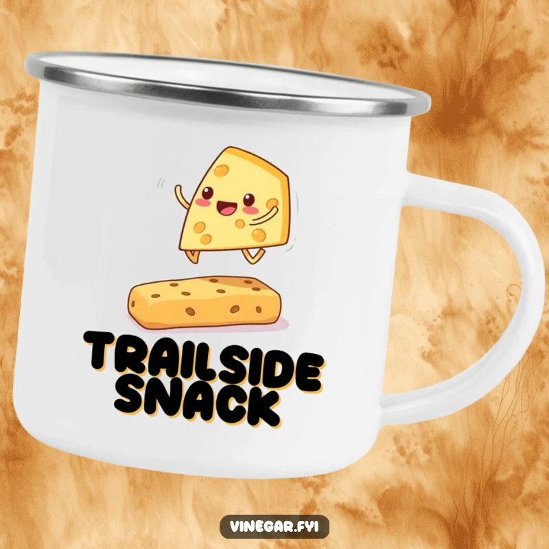 Funny cheese wedge camping mug with a cheerful wedge playing leapfrog over a cracker, perfect for outdoor snack enjoyment.