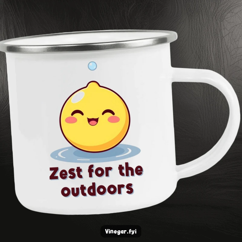 Funny, round lemon character beaming as a tiny droplet bounces off its surface, featured on a rugged and cheerful camping mug.