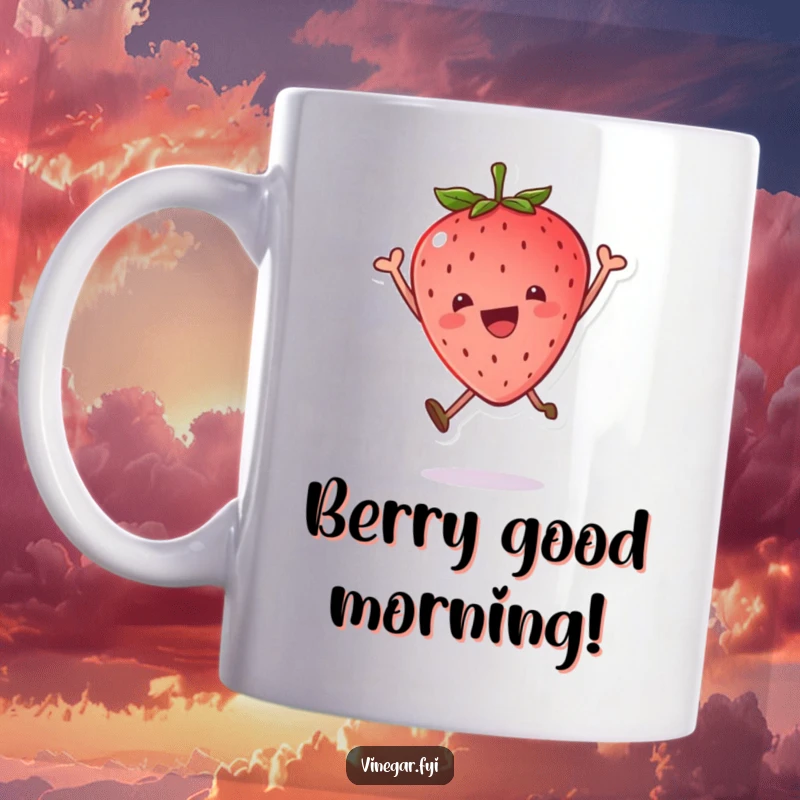 Funny mug with a kawaii strawberry leaping joyfully, its leaf cap tilted, expressing pure, unadulterated happiness and fun.
