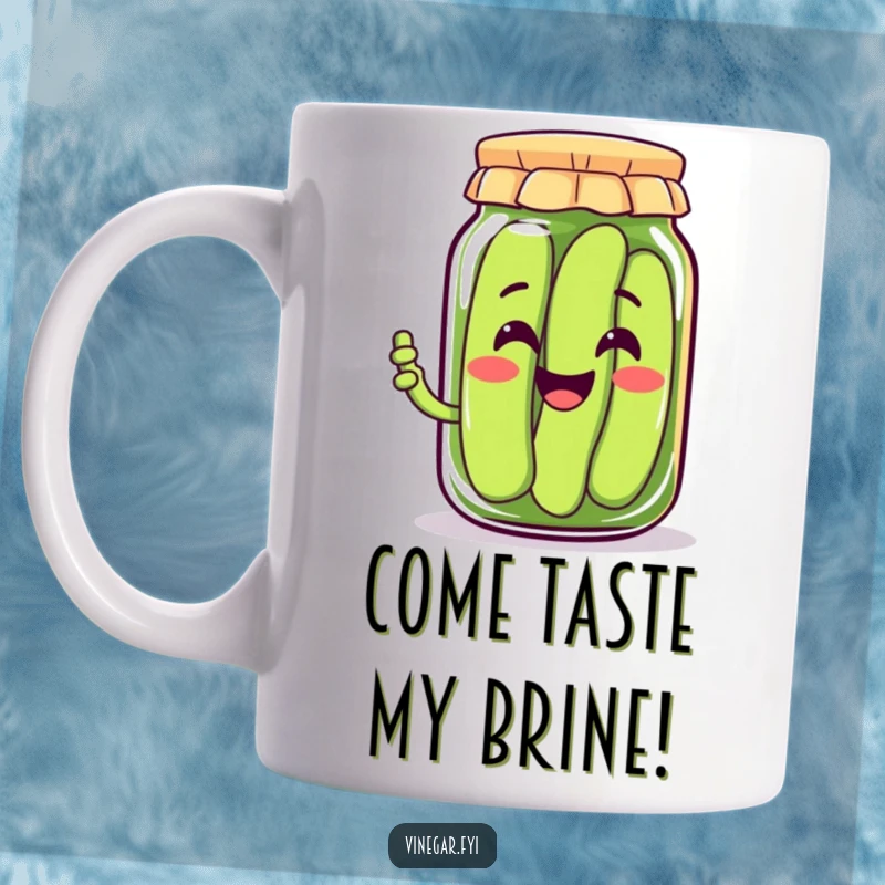 Funny mug featuring a smiling Kawaii pickle jar character offering a taste, radiating happiness, a delightful food-themed gift.