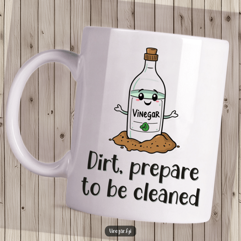 This mug features a cleaning vinegar bottle giving dirt a stern talking-to. It's a humorous take on cleaning.